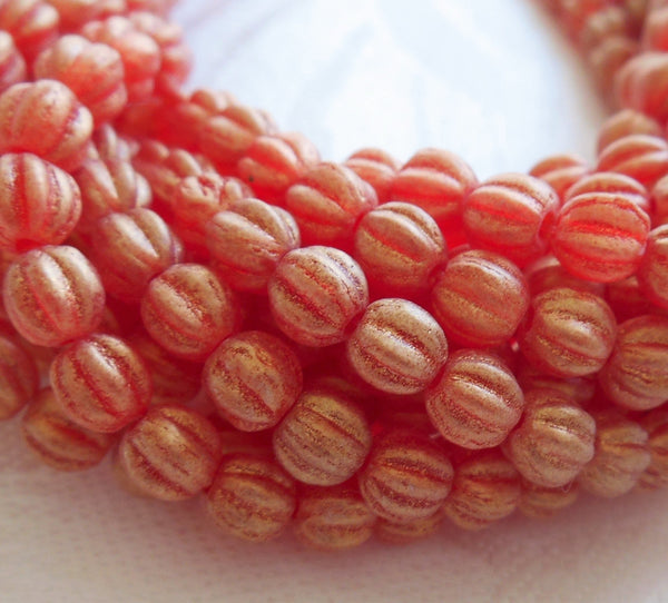 Fifty 5mm Sueded Gold Ruby Red Czech glass melon beads, red gold coated glass beads C33101 - Glorious Glass Beads