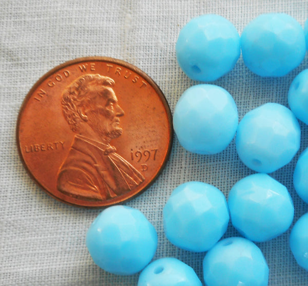Lot of 25 8mm Opaque Turquoise Blue Czech glass beads, firepolished, faceted round beads, C90125 - Glorious Glass Beads