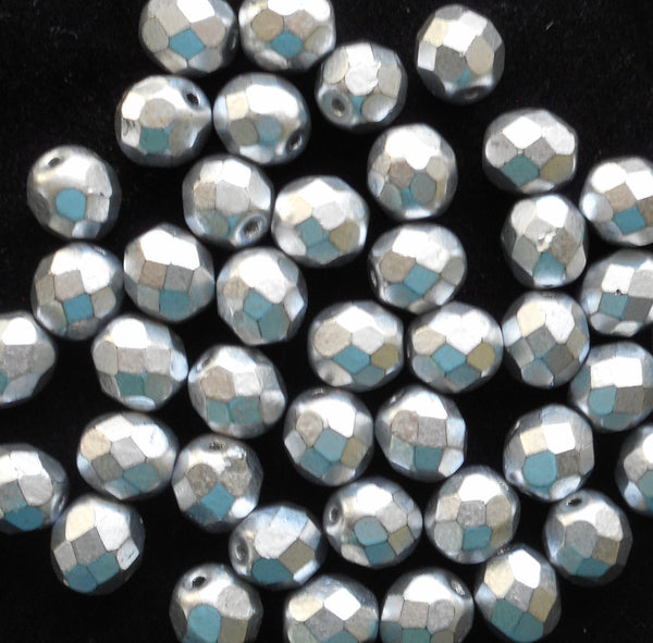Lot of 25 8mm Matte Silver Czech glass beads, firepolished, faceted round beads, C6525 - Glorious Glass Beads