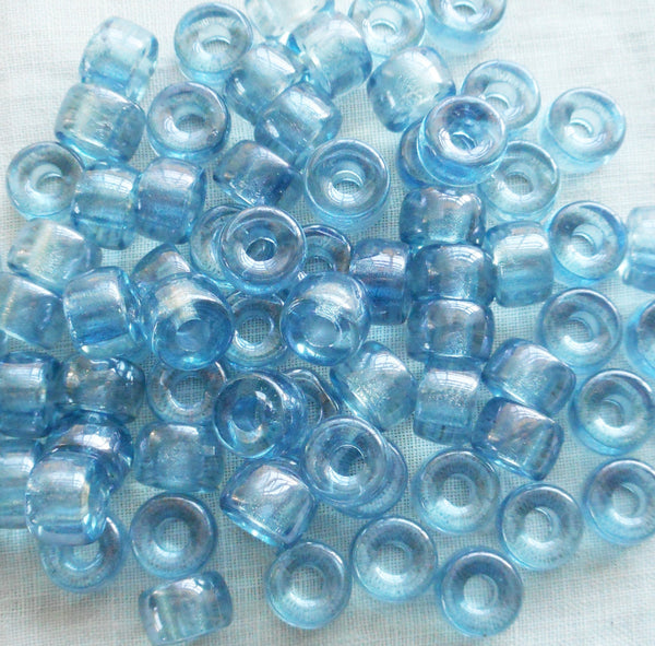 Lot of 25 9mm Czech Transparent Lumi Blue pony roller beads, large hole blue glass crow beads, C5725