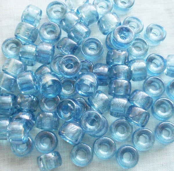 Lot of 25 9mm Czech Transparent Lumi Blue pony roller beads, large hole blue glass crow beads, C5725 - Glorious Glass Beads