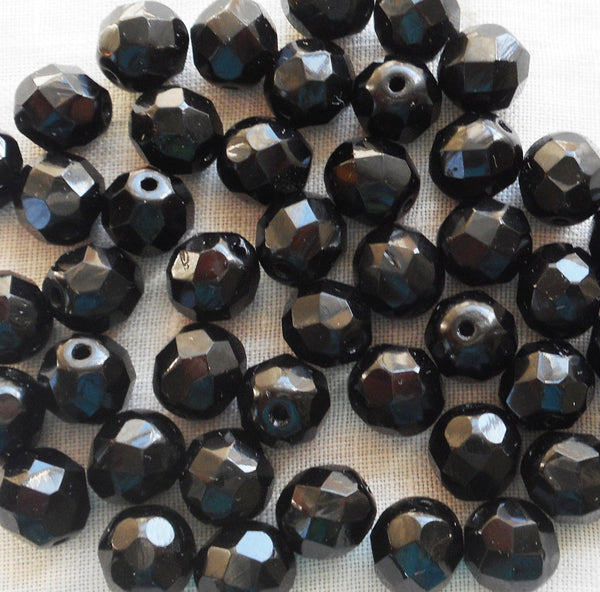 Lot of 25 8mm Jet black Czech glass beads, firepolished faceted, round beads C4525 - Glorious Glass Beads