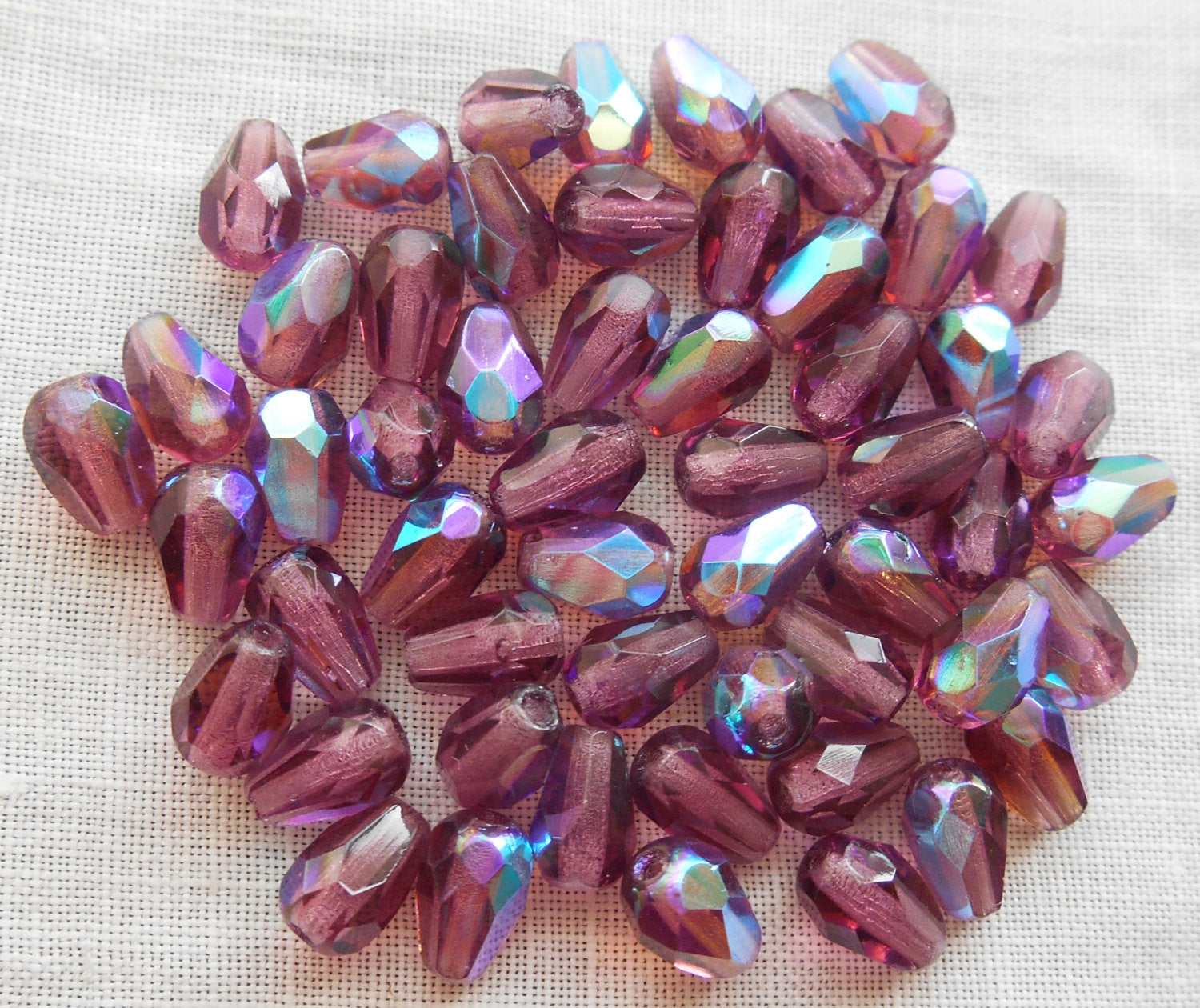 Lot of 25 7 x 5mm Czech glass amethyst AB, purple teardrop beads, faceted firepolished beads C5501 - Glorious Glass Beads
