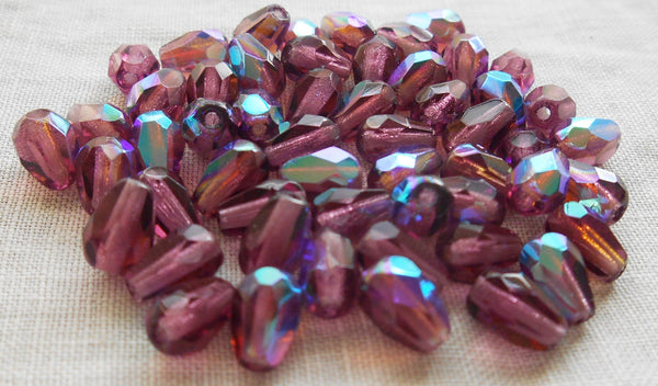Lot of 25 7 x 5mm Czech glass amethyst AB, purple teardrop beads, faceted firepolished beads C5501 - Glorious Glass Beads