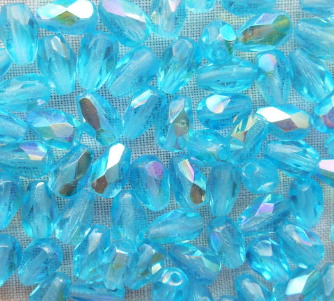 Lot of 25 7 x 5mm Aqua Blue AB teardrop Czech glass beads, faceted firepolished beads C3701 - Glorious Glass Beads