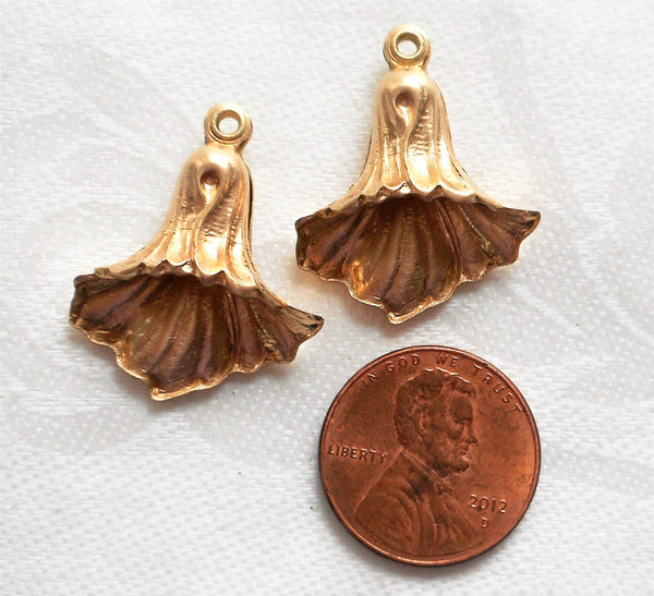 Two Raw Brass Stampings, Victorian Bell Flower earrings, two sided charms, drops, dangles 25mm x 21mm, made in the USA C48102 - Glorious Glass Beads