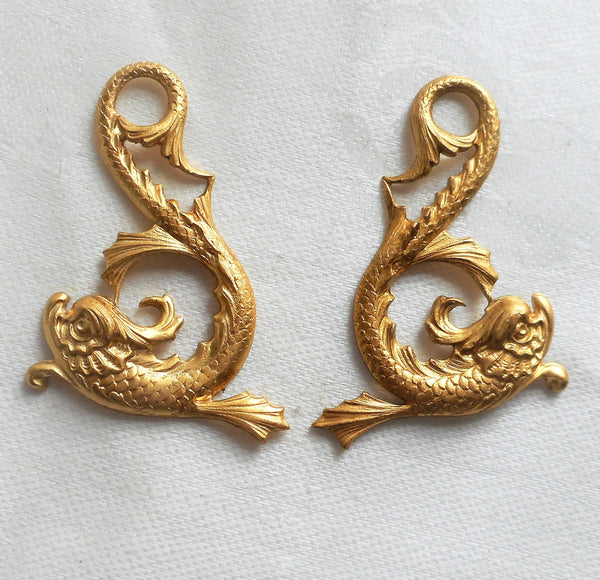 Two raw brass stampings, ornate, art nouveau, stylized fish, ornaments, pendants, charms, earrings, 43mm x 35mm, made in the USA C69202 - Glorious Glass Beads