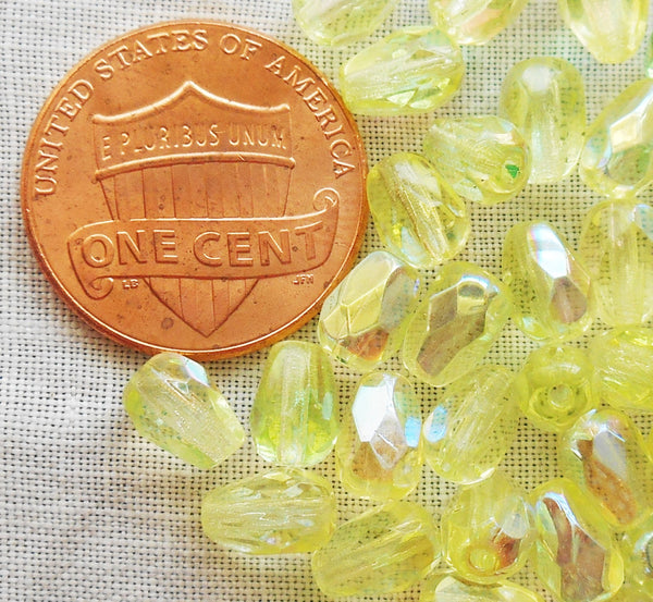 Lot of 25 7 x 5mm Jonquil, Yellow AB teardrop Czech glass beads, faceted firepolished beads C2801 - Glorious Glass Beads