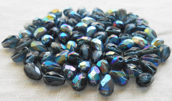 Lot of 25 7 x 5mm Montana Blue AB teardrop Czech glass beads, faceted firepolished beads C5501 - Glorious Glass Beads