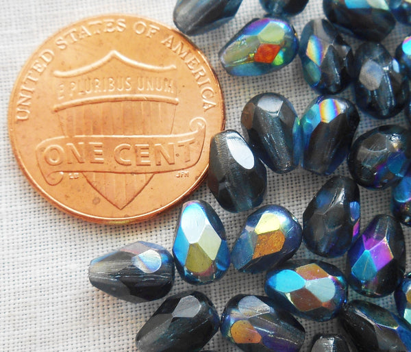 Lot of 25 7 x 5mm Montana Blue AB teardrop Czech glass beads, faceted firepolished beads C5501 - Glorious Glass Beads