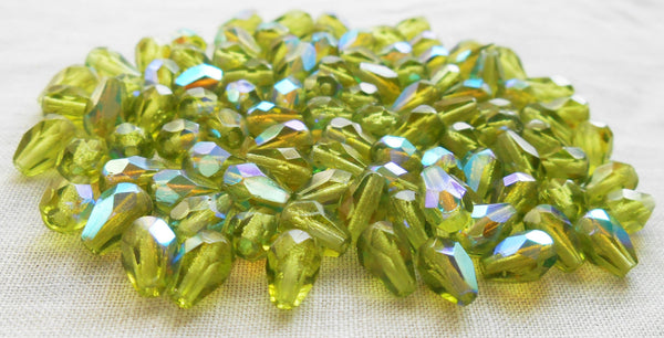 Lot of 25 7 x 5mm Olivine Green AB teardrop Czech glass beads, faceted firepolished beads C5501 - Glorious Glass Beads