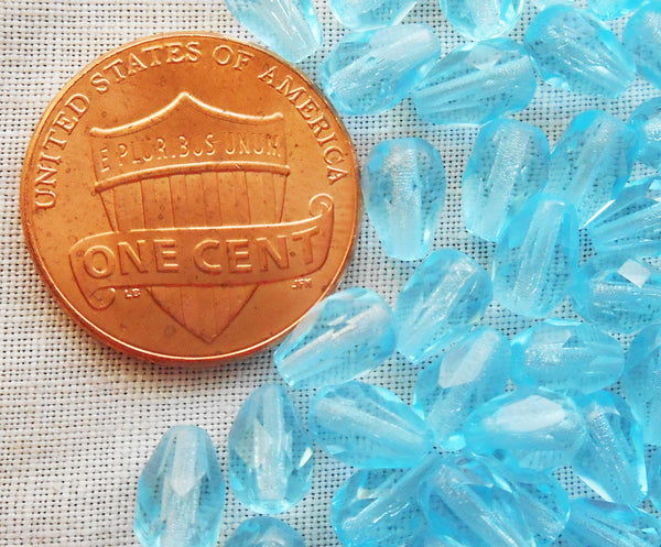 Lot of 25 7 x 5mm Aqua Blue teardrop Czech glass beads, faceted firepolished beads C3601 - Glorious Glass Beads