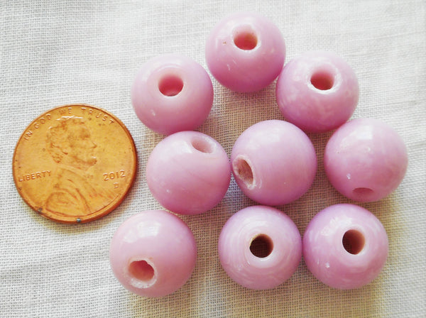 Ten 12mm Bright Opaque pink / lilac large, big hole glass beads with 3mm holes, smooth round druk beads, Made in India C6601 - Glorious Glass Beads