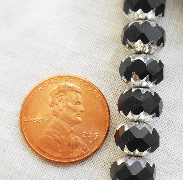 Lot of 25 6 x 9mm opaque black and silver picasso Czech glass faceted cruller beads C58201 - Glorious Glass Beads