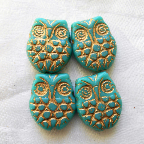 Four large turquoise blue & gold Czech glass owl beads, opaque turquoise blue glass with a gold wash, focal beads, 18mm x 15mm C00101 - Glorious Glass Beads