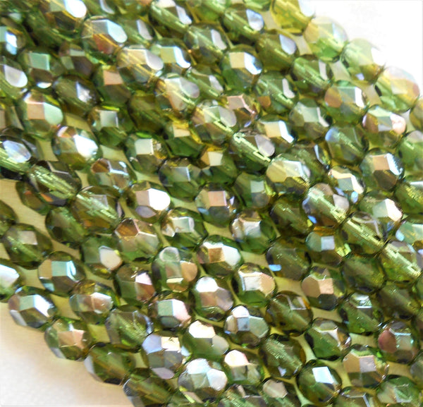 Lot of 25 6mm Prairie Green Celsian Czech glass beads, round faceted firepolished beads, C7425