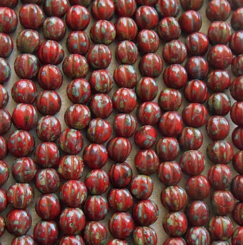 Fifty 5mm Opaque Red Picasso Czech glass melon beads C1701 - Glorious Glass Beads