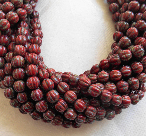 Fifty 5mm Opaque Red Picasso Czech glass melon beads C1701 - Glorious Glass Beads