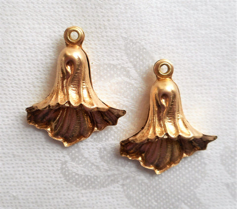 Two Raw Brass Stampings, Victorian Bell Flower earrings, two sided charms, drops, dangles 25mm x 21mm, made in the USA C48102 - Glorious Glass Beads