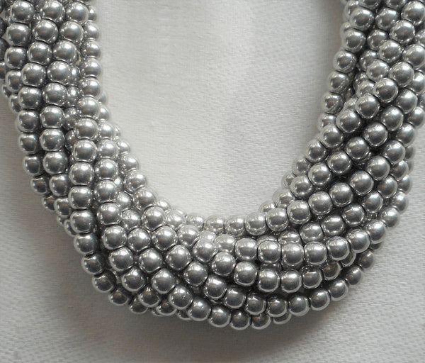 Lot of 100 4mm metallic silver Czech glass druk beads, silver smooth round druks, C2901