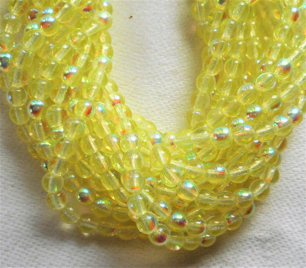 Lot of 100 4mm Jonquil AB Czech glass druk beads, bright yellow AB smooth round druks, C1701 - Glorious Glass Beads