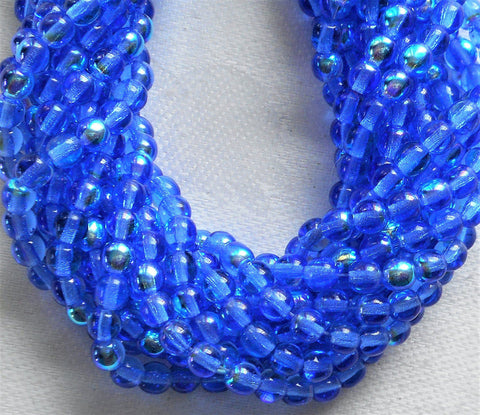 Lot of 100 4mm Sapphire Blue AB Czech glass druk beads, blue AB smooth round druks, C7601 - Glorious Glass Beads