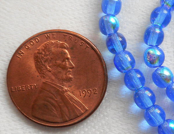 Lot of 100 4mm Sapphire Blue AB Czech glass druk beads, blue AB smooth round druks, C7601 - Glorious Glass Beads