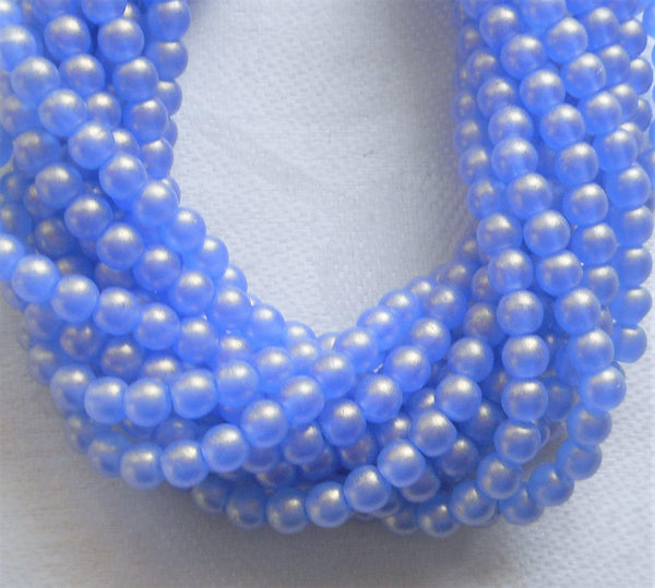 Lot of 100 4mm Sueded Gold Sapphire Blue Czech glass druk beads, golden blue suede smooth round druks, C0075