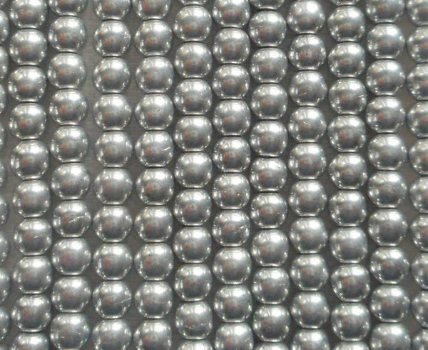 Lot of 100 4mm metallic silver Czech glass druk beads, silver smooth round druks, C2901 - Glorious Glass Beads
