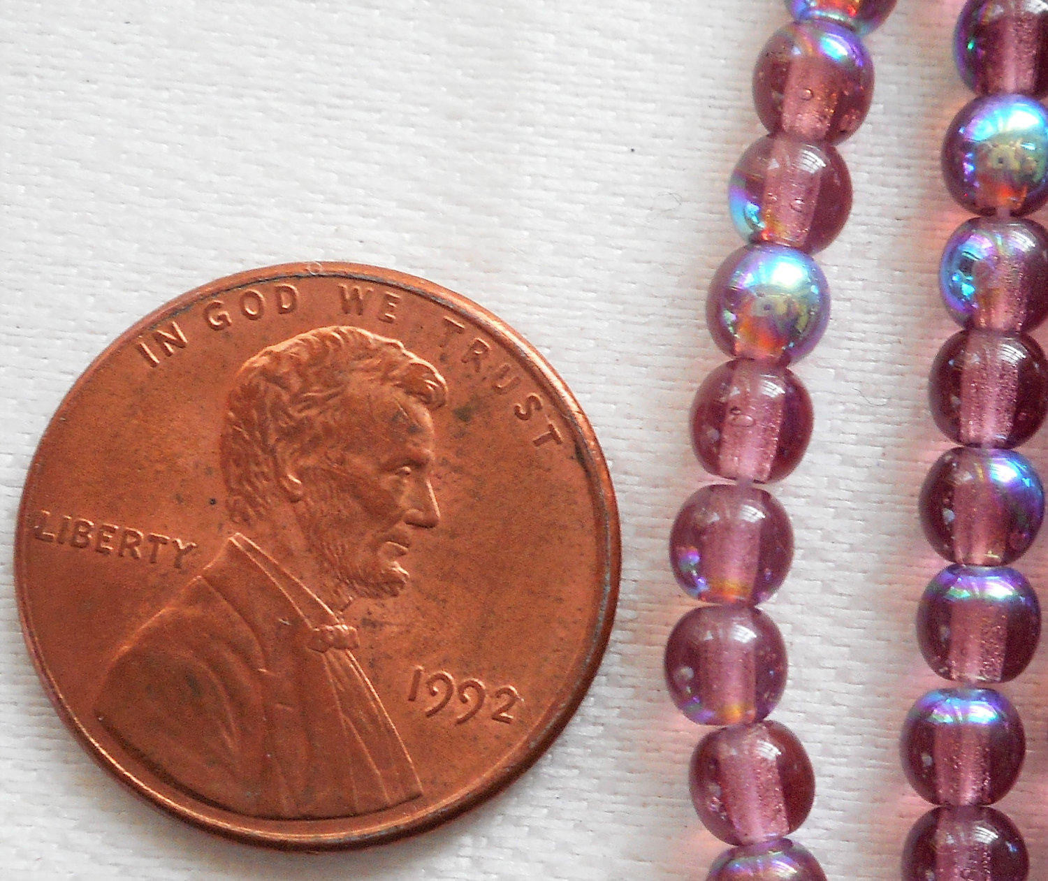 Lot of 100 4mm Amethyst AB Czech glass druk beads, transparent purple AB smooth round druks, C7601 - Glorious Glass Beads