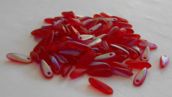 Lot of 30 red AB Czech glass dagger beads, 9mm - Glorious Glass Beads