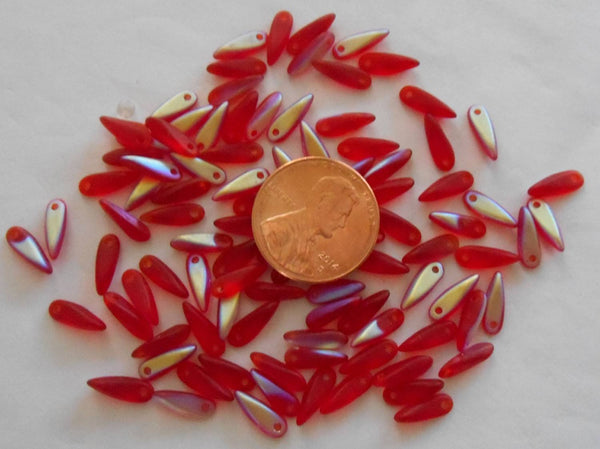 Lot of 30 red AB Czech glass dagger beads, 9mm - Glorious Glass Beads