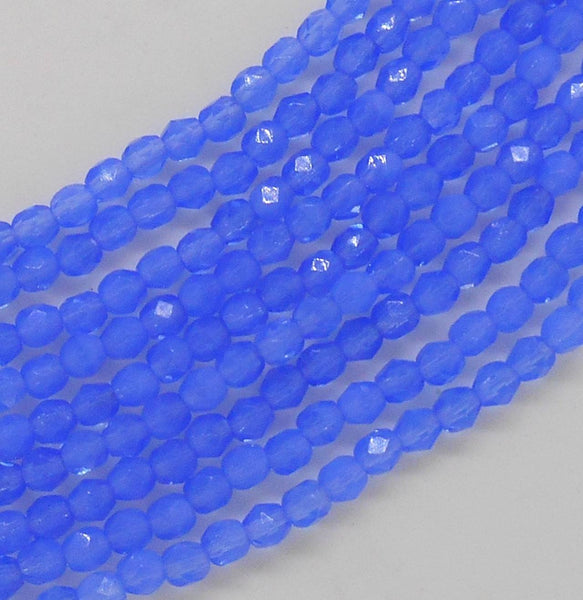 Fifty 4mm Czech glass milky sapphire firepolished faceted round beads, C601/ 9-13, 5550