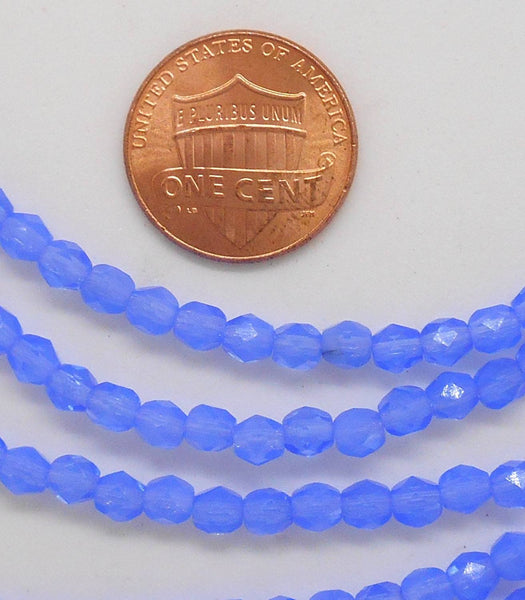 Fifty 4mm Czech glass milky sapphire firepolished faceted round beads, C601/ 9-13, 5550 - Glorious Glass Beads