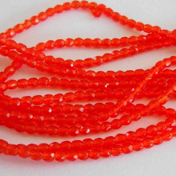 Fifty 3mm Czech glass bright orange, hyacinth faceted firepolished beads - Glorious Glass Beads