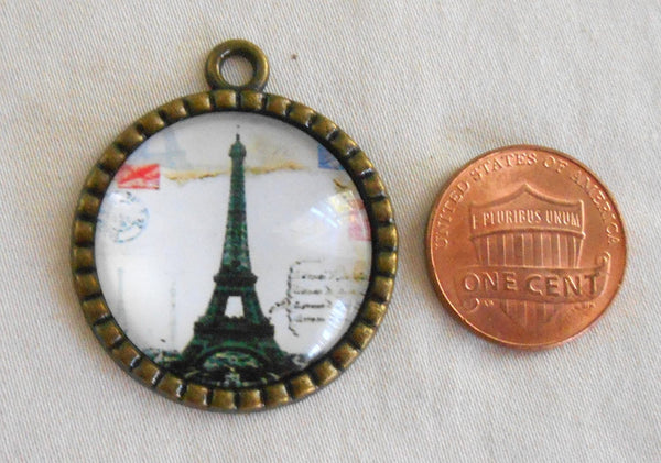 Round Eiffel Tower pendant, Paris France, Antique Bronze, 29mm, Steampunk C3401 - Glorious Glass Beads
