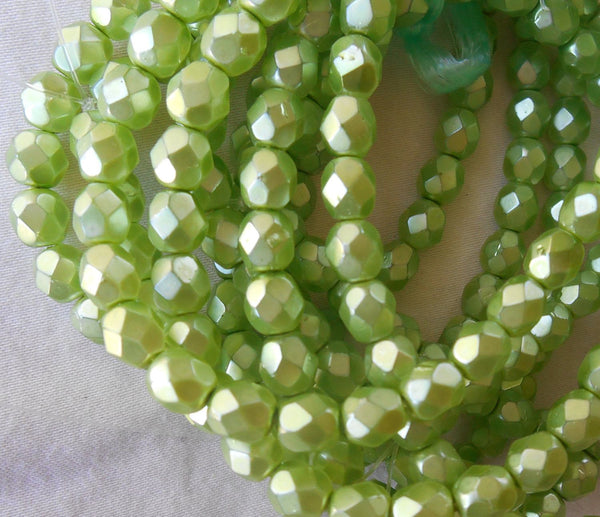 Lot of 30 6mm Czech glass beads, Pistachio Pearl, Light Green Satin, firepolished, faceted round beads C5830