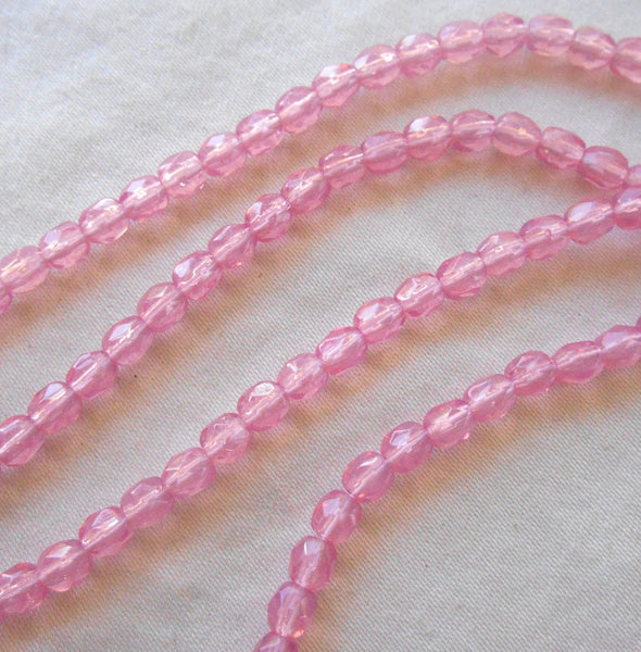 Fifty 4mm Czech glass Milky Pink Opal, firepolished faceted round beads - Glorious Glass Beads