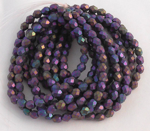 Lot of 25 6mm Matte Purple Iris Czech glass firepolished, faceted round beads, C6830
