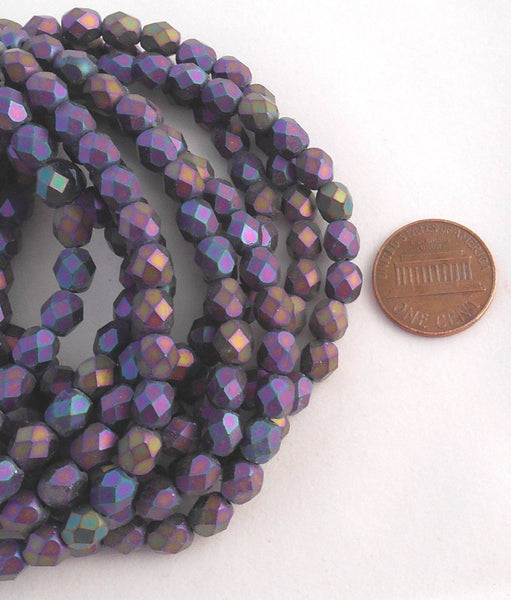 Lot of 25 6mm Matte Purple Iris Czech glass firepolished, faceted round beads, C6830 - Glorious Glass Beads
