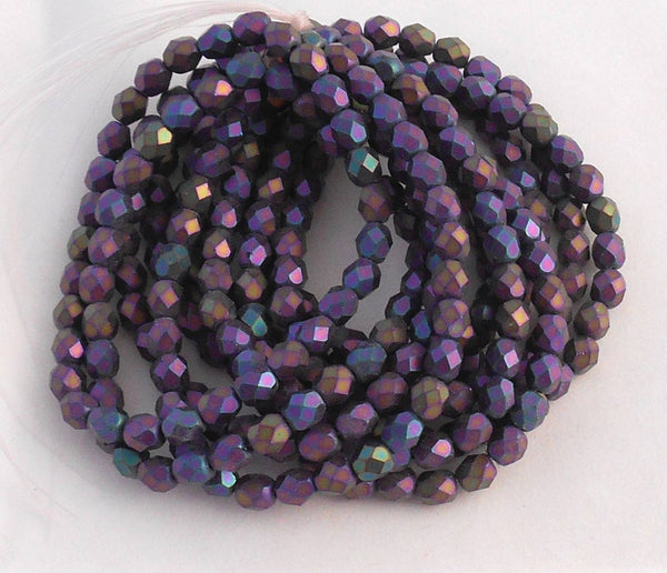 Lot of 25 6mm Matte Purple Iris Czech glass firepolished, faceted round beads, C6830 - Glorious Glass Beads