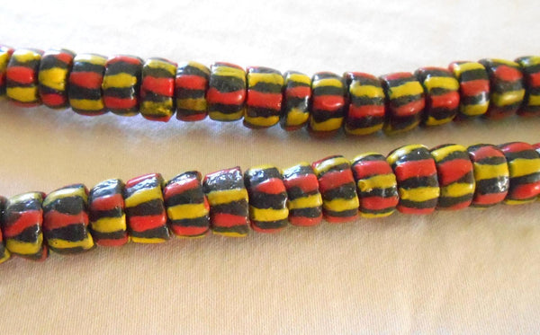 Lot of 124 African Trade Beads made in Ghana, brown beads with yellow and orange stripes, 000101 - Glorious Glass Beads