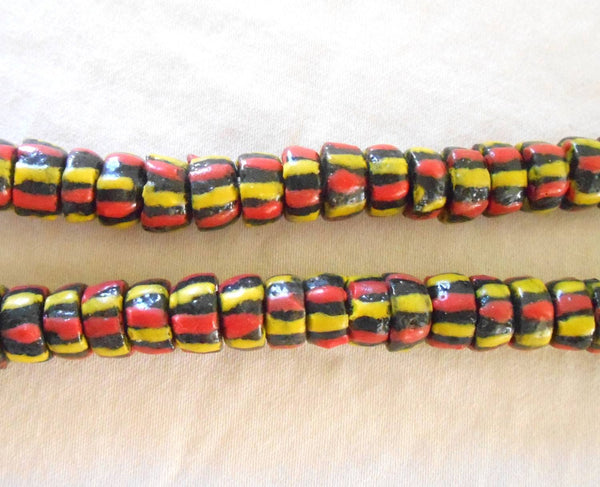 Lot of 124 African Trade Beads made in Ghana, brown beads with yellow and orange stripes, 000101