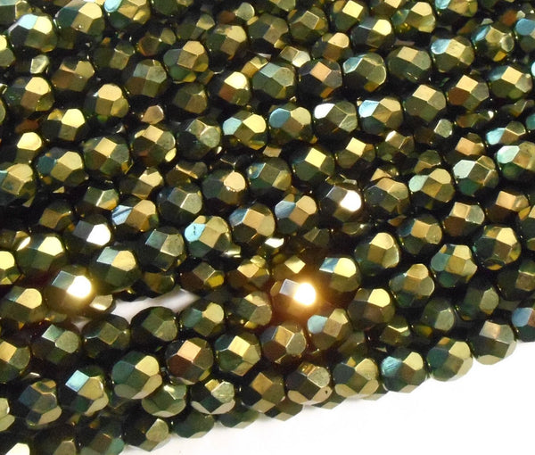 Lot of 25 6mm Metallic olive Green Czech glass firepolished, faceted round beads, C1725