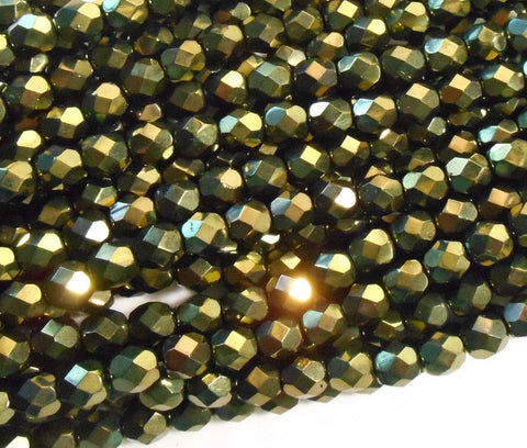 Lot of 25 6mm Metallic olive Green Czech glass firepolished, faceted round beads, C1725 - Glorious Glass Beads