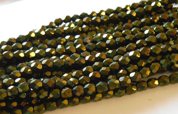 Lot of 25 6mm Metallic olive Green Czech glass firepolished, faceted round beads, C1725 - Glorious Glass Beads