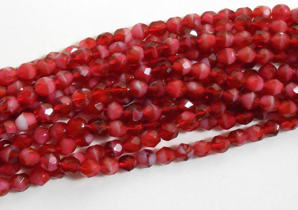 Pearl Fuchsia, Deep Pink Czech glass beads, cranberry red round druk beads with white hearts, 6mm, lot of 50 C31101