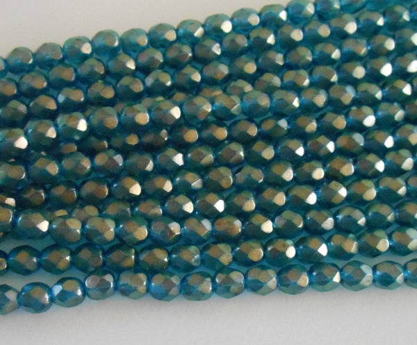 Lot of 25 6mm Halo Azurite Czech, firepolished, aqua glass over gold faceted round beads, C5525