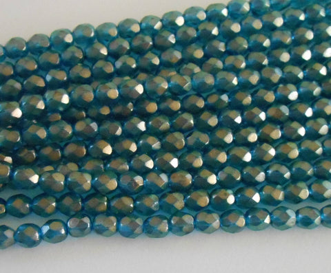 Lot of 25 6mm Halo Azurite Czech, firepolished, aqua glass over gold faceted round beads, C5525 - Glorious Glass Beads