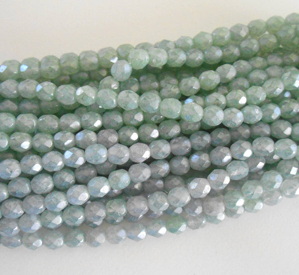 Lot of 25 6mm Luster Stone Green Czech glass, firepolished, faceted round beads with a luster finish, C9425